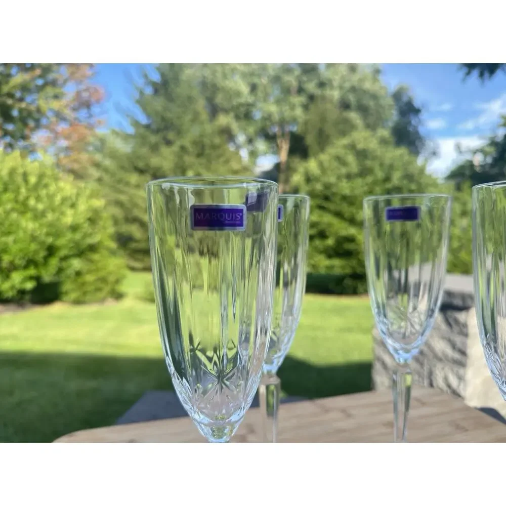WATERFORD MARQUIS Sparkle Crystal Champagne Flutes Italy 9-3/8”~ Set Of 4